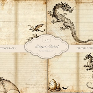 Blank Notebook Pages, Dragon Antique Sketch, Medieval Fantasy Decoupage Junk Journal Kit, Printable Scrapbook Lined Paper