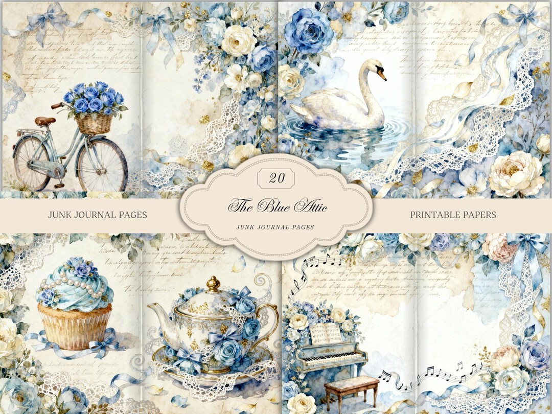 Blue Shabby Chic Junk Journal Pages, Watercolor Decoupage Printable Kit ...