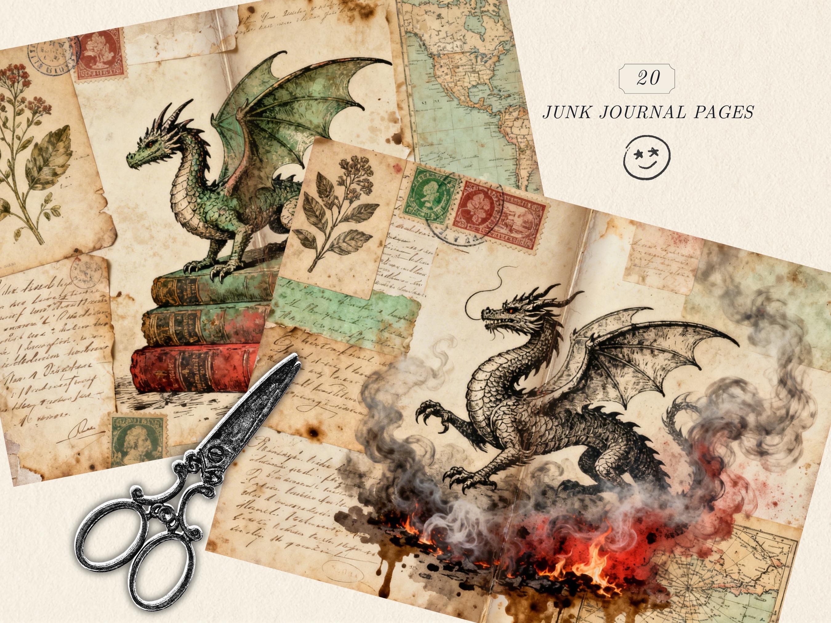 Vintage Dragon Junk Journal Pages, Watercolor Sketch Decoupage Kit (PDF ...