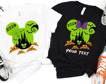 Custom Neon Disney Castle Halloween Shirt, Matching Family Spooky Squad Bat Theme Park Apparel