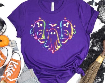 Neon Ghost Trio Shirt, Glowing Spooky Season Halloween Tee, Vibrant Neon Sign Tshirt