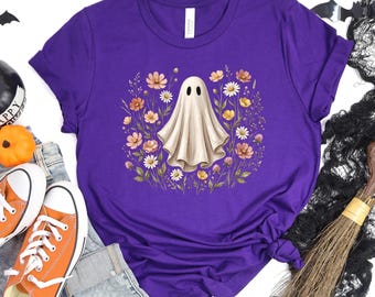Floral Ghost Shirt, Cottagecore Spooky Season Botanical Halloween Apparel Aesthetic Fall Tee