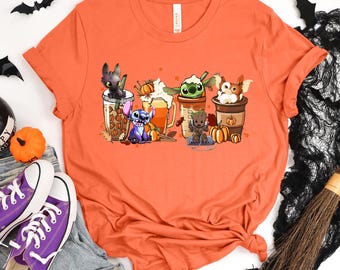 Stitch Grogu Gizmo Autumn Coffee Shirt, Fall Drink Spooky Season Groot Apparel