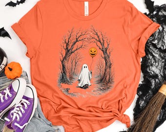 Whimsical Forest Ghost Shirt Spooky Season Halloween Tee Haunted Woods Pumpkin Balloon Graphic