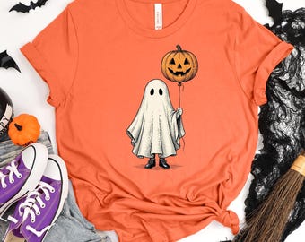 Classic Sheet Ghost Shirt, Holding Pumpkin Balloon Spooky Season Halloween Tee