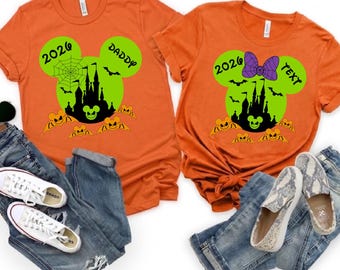 Custom Neon Disney Castle Halloween 2026 Shirt, Matching Family Spooky Squad Bat Theme Park Apparel