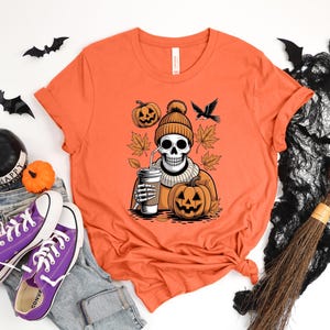 Coffee Skeleton T-Shirt, Fall Pumpkin Shirt, Autumn Spooky Season Top