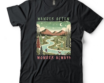 Wander Often Shirt, Wonder Always T-Shirt, Retro Camping Tee, Hiking Graphic Tshirt, Nature Lover Gift, Mountain Adventure Top
