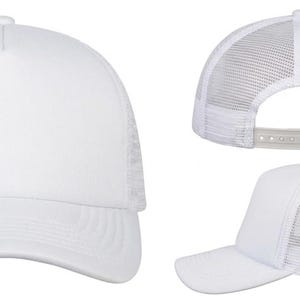 May include: A white trucker hat with a curved brim and a mesh back. The hat has a solid front panel and an adjustable snap closure. The hat is shown from multiple angles.