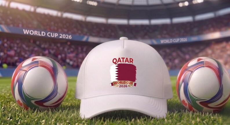 May include: A white baseball cap with the word "QATAR" and a maroon flag design, along with the text "WORLD CUP 2026". Two soccer balls with red, blue, and green accents are on either side of the cap, all on a grassy field.