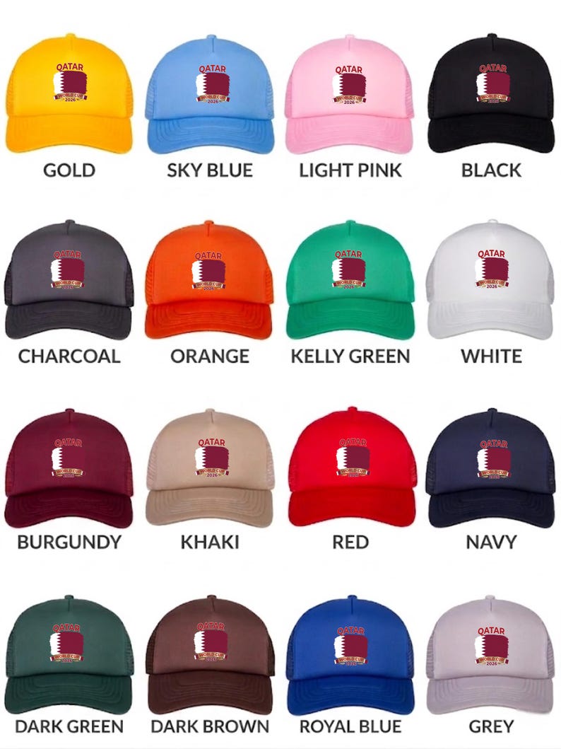 May include: A collection of trucker hats in various colors, each featuring the word "QATAR" and a flag design. Colors include gold, sky blue, light pink, black, charcoal, orange, kelly green, white, burgundy, khaki, red, navy, dark green, dark brown, royal blue, and grey.