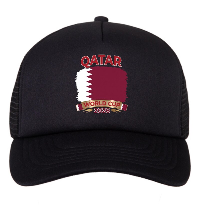 May include: Black trucker hat featuring the Qatar flag design with the text "QATAR WORLD CUP 2026". The hat has a mesh back and a curved brim. The Qatar flag is in maroon and white.