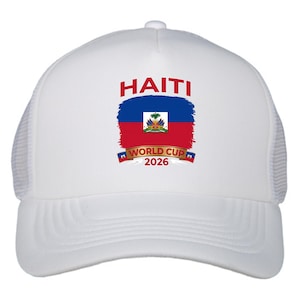 May include: White baseball cap with a mesh back and a curved brim. The front features the word "HAITI" in red above a design of the Haitian flag and the text "WORLD CUP 2026".