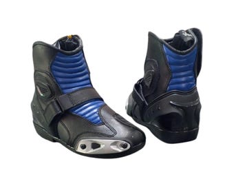 Blue & Black Motorcycle Racing Boots – Protective Leather Riding Boots, Sport Bike Gear, Durable Biker Footwear