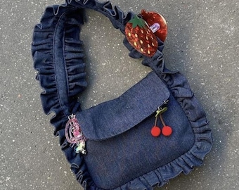 Ruffle Frame Denim Crossbody Bag – Cherry Charm, Y2K Ruffle Strap Purse