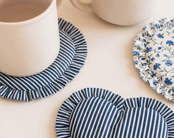 Heart Ruffled Coaster – Gingham Polka Dot Mug Rug – Quilted Cotton Drink Mat Cottagecore Decor
