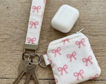 Fabric Wristlet Keychain and Mini Pouch Set – Coquette Bow Coin Purse, AirPods Holder