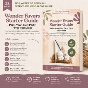Puede incluir: Una guía de 23 páginas titulada Wonder Favors Starter Guide sobre recursos para crear recuerdos de fiesta para pintar. La portada muestra el título, una pequeña figura de oso con un pincel y botes de pintura en una bolsa transparente, y una lista de contenidos que incluye recomendaciones de moldes y más de 40 enlaces clicables.