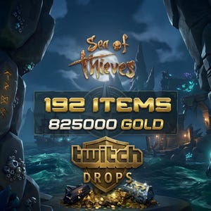 Può includere: Immagine promozionale per "Sea of Thieves" con il logo del gioco, testo che indica "192 ITEMS" e "825000 GOLD", e il logo "Twitch Drops". La scena raffigura un oceano illuminato dalla luna con uno scrigno del tesoro e monete d'oro.