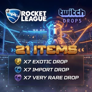Puede incluir: Imagen promocional de Rocket League con el logo del juego y "Twitch Drops". Destaca "21 ITEMS" con detalles sobre los drops Exóticos, de Importación y Muy Raros, todo sobre un fondo de arena futurista con luces de neón.
