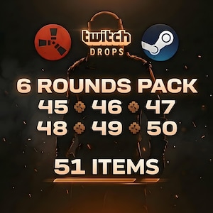 Könnte beinhalten: Eine Werbegrafik mit dunklem Hintergrund zeigt den Text „Twitch Drops“ und „6 Rounds Pack“. Sie enthält die Zahlen 45 bis 50 und „51 Artikel“. Logos für Rust und Steam sind ebenfalls vorhanden.