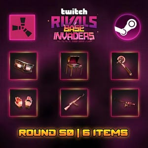 Pode incluir: Imagem promocional para Twitch Rivals Base Invaders, com um esquema de cores rosa e roxo. A imagem inclui os logotipos da Twitch e Steam, juntamente com ilustrações de seis itens: um baú, uma cadeira, uma chave inglesa, luvas, um rifle e uma metralhadora. O texto "ROUND 50 | 6 ITEMS" está na parte inferior.