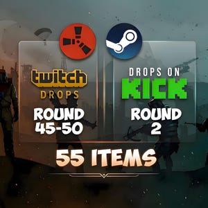 Könnte beinhalten: Werbegrafik mit den Logos von Twitch und Steam. Der Text lautet "Twitch Drops Runde 45-50" und "Drops auf Kick Runde 2". Die Grafik zeigt auch "55 Items" in fetter Schrift vor einem postapokalyptischen Hintergrund.