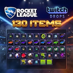 May include: A promotional image for Rocket League featuring the game's logo, the text "130 ITEMS," and "Twitch Drops." The image showcases a grid of item cards, each displaying a different car or cosmetic item.