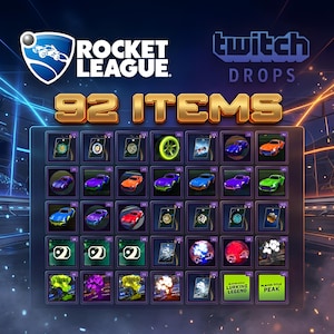 Puede incluir: Imagen promocional de Rocket League con el logotipo del juego y el texto "92 ITEMS". La imagen muestra varios objetos del juego, incluyendo coches de múltiples colores, ruedas y otros elementos cosméticos. El logotipo de Twitch Drops también es visible.