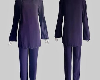 Conjunto de calças túnica vintage década de 1990 Thierry Mugler XS roxa top frisado assimétrico