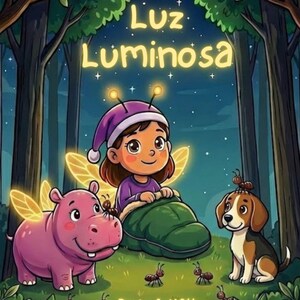 May include: A book cover titled Luz Luminosa by Lu & Matt featuring a child in a purple hat and green sleeping bag with fairy wings, a pink winged hippopotamus, a beagle dog, and several ants in a dark forest setting at night.