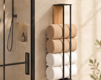 Wandhandtuchhalter, vertikaler oder horizontaler Handtuchhalter, Badezimmer-Organizer aus Holz und schwarzem Metall, 2 Größen