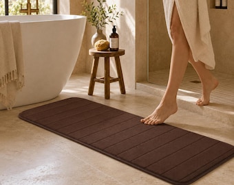 Long Brown Bath Mat 40x120cm, Absorbent Microfiber Memory Foam Rug, Soft Striped Shower Runner