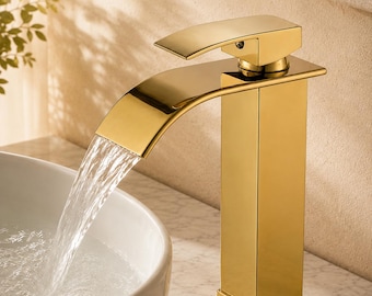 Gold Waterfall Bathroom Faucet, Modern Single Handle Sink Tap, Stainless Steel Mixer for Vessel Sink