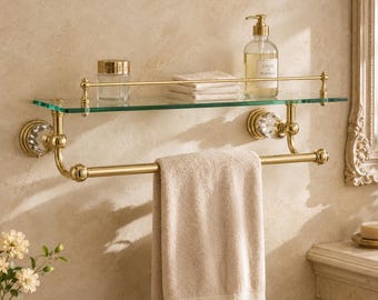 Goldene Glas-Badezimmerablage mit Handtuchhalter, wandmontiertes Messing-Badezimmerregal, luxuriöser Waschtisch-Organizer