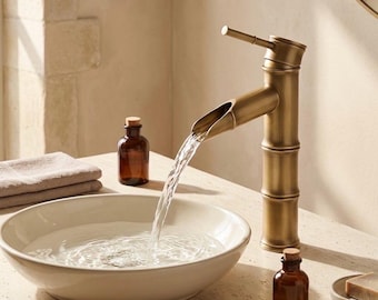 Vintage Bamboo Bathroom Faucet, Antique Brass Waterfall Sink Tap, Solid Brass Single Handle Vanity Faucet, 2 Sizes Available
