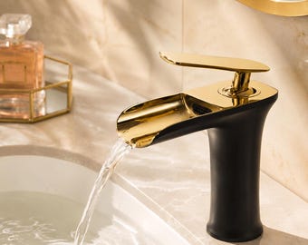 Wasserfall-Waschtischarmatur in Schwarzgold, Messing-Waschtischmischer, Einhebel-Waschtischarmatur