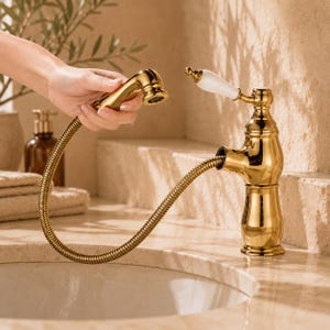 Peut inclure: Un robinet de salle de bain doré avec un pulvérisateur extractible. Le robinet a un design classique avec une poignée blanche et un tuyau flexible. Le pulvérisateur est tenu par une main. Le robinet est installé sur un comptoir en marbre.