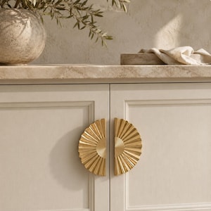Tirador de armario con forma de abanico dorado, tirador de cajón francés con forma de concha, pomo de media luna Art Déco, herrajes de lujo para muebles.