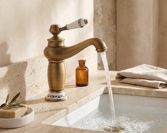 Grifo de baño de latón antiguo con manija de porcelana, grifo mezclador de lavabo vintage, grifo de lavabo retro europeo, grifo de tocador de latón macizo