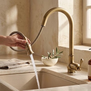 Op de afbeelding: Een bronzen keukenkraan met een hoge boog en uittrekbare sproeier. De kraan is gemonteerd op een lichtgekleurd aanrechtblad boven een gootsteen. Water stroomt uit de sproeier in de gootsteen.
