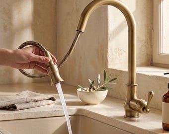 Antique Brass Kitchen Faucet, Pull Down Kitchen Tap, Brass Sink Mixer, Farmhouse Kitchen Faucet, Retractable Sprayer
