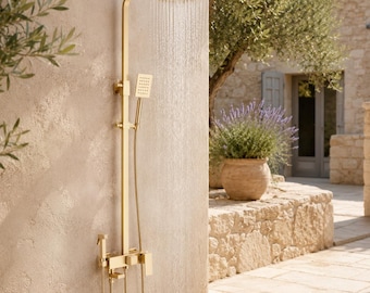 Duschset in gebürstetem Gold, wandmontiertes Messing-Regenduschsystem mit Handbrause und Bidet