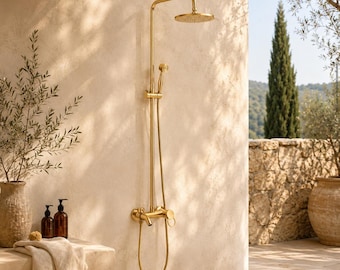 Goldene Duschanlage, wandmontiertes Regenduschset, verstellbare Messingdusche mit Handbrause, Warm-Kalt-Mischbatterie