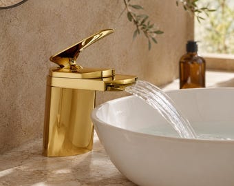 Gold Waterfall Basin Faucet, Brass Bathroom Mixer Tap, Hot & Cold Sink Faucet, Modern Vanity Tap
