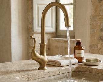 Antique Brass Bathroom Faucet, Swan Neck Sink Mixer Tap, Deck Mount Vanity Faucet, Ceramic Valve, Hot Cold Basin Tap