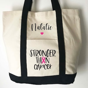 Stronger than Cancer - Personalised chemo bag - Heavy Canvas Bag with Pocket and Velcro Closure