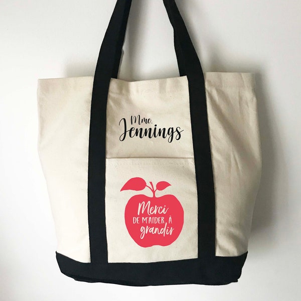 Personalised Teacher Tote Bag - Apple Tote - Heavy Canvas Bag with Pocket and Velcro Closure - French Teacher Bag