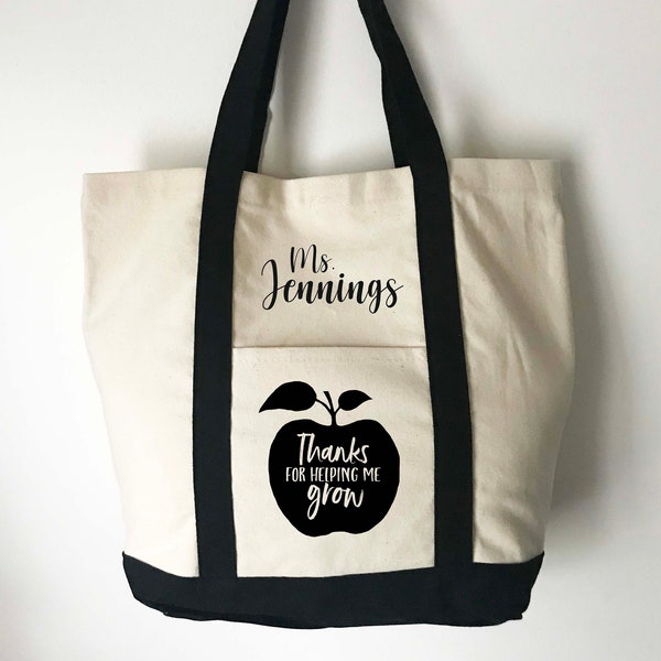 Custom Teacher Tote Bag - Apple Tote - Heavy Canvas Bag with Pocket and Velcro Closure - Teacher Gift