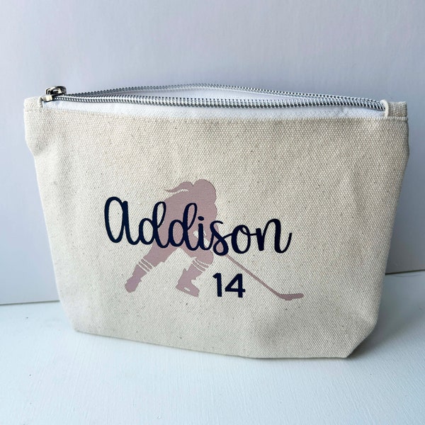 Ice Hockey Personalized Zipper Pouch - Custom Name Pencil Case - Canvas Bag - Gift for Hockey Coach - Gift for Sports Lover - Team Gift